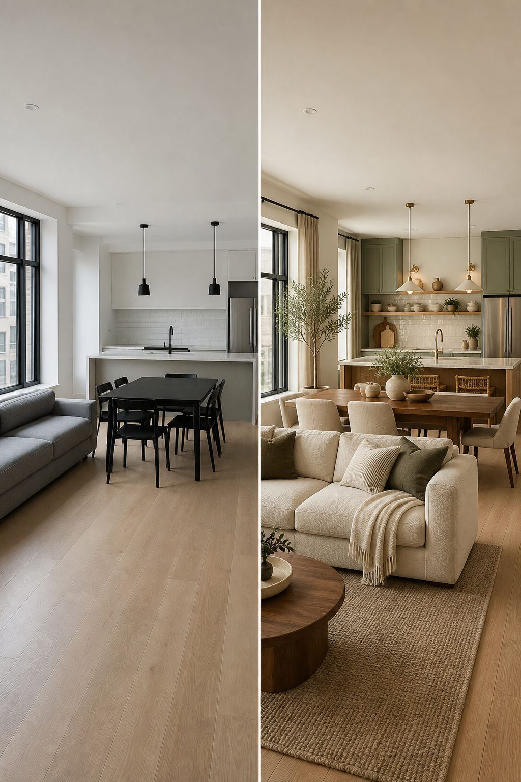 Open kitchen and living, modern sage