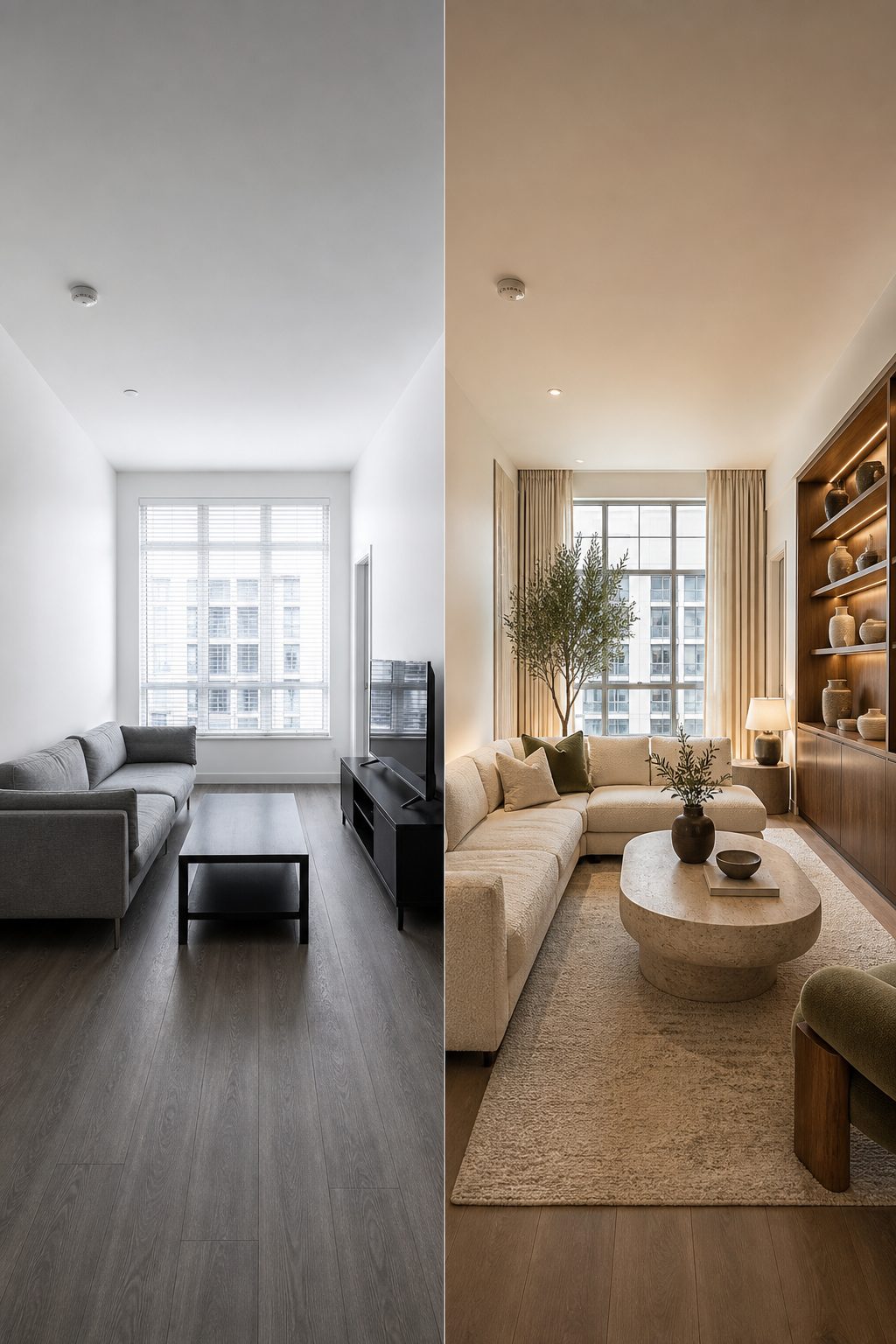 Living room, warm built-ins