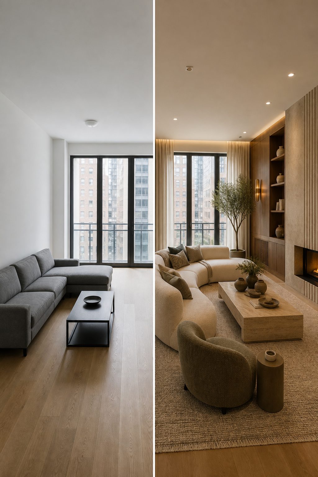 Living room, warm fireplace